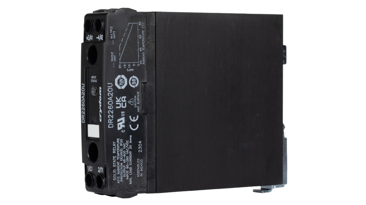 Sensata Crydom DR22 Series Solid State Relay, 20 A Load, DIN Rail Mount, 600 V rms Load, 280V ac/dc Control