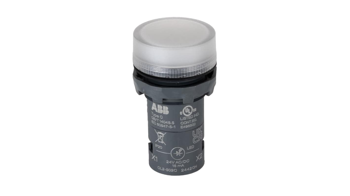 ABB 白色圆形按钮指示灯, Φ22mm开孔, 24V, 16mA, 面板安装, IP66，IP67，IP69K，IP20