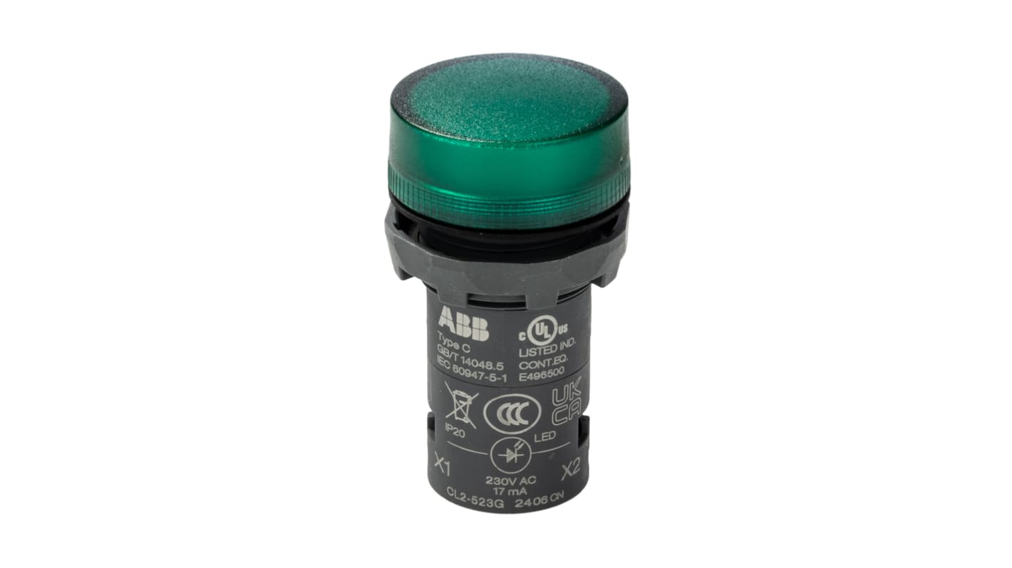 ABB, CL2-523G, Panel Mount Green LED Pilot Light, 22mm Cutout, IP66, IP67, IP69K, Round, 230V ac