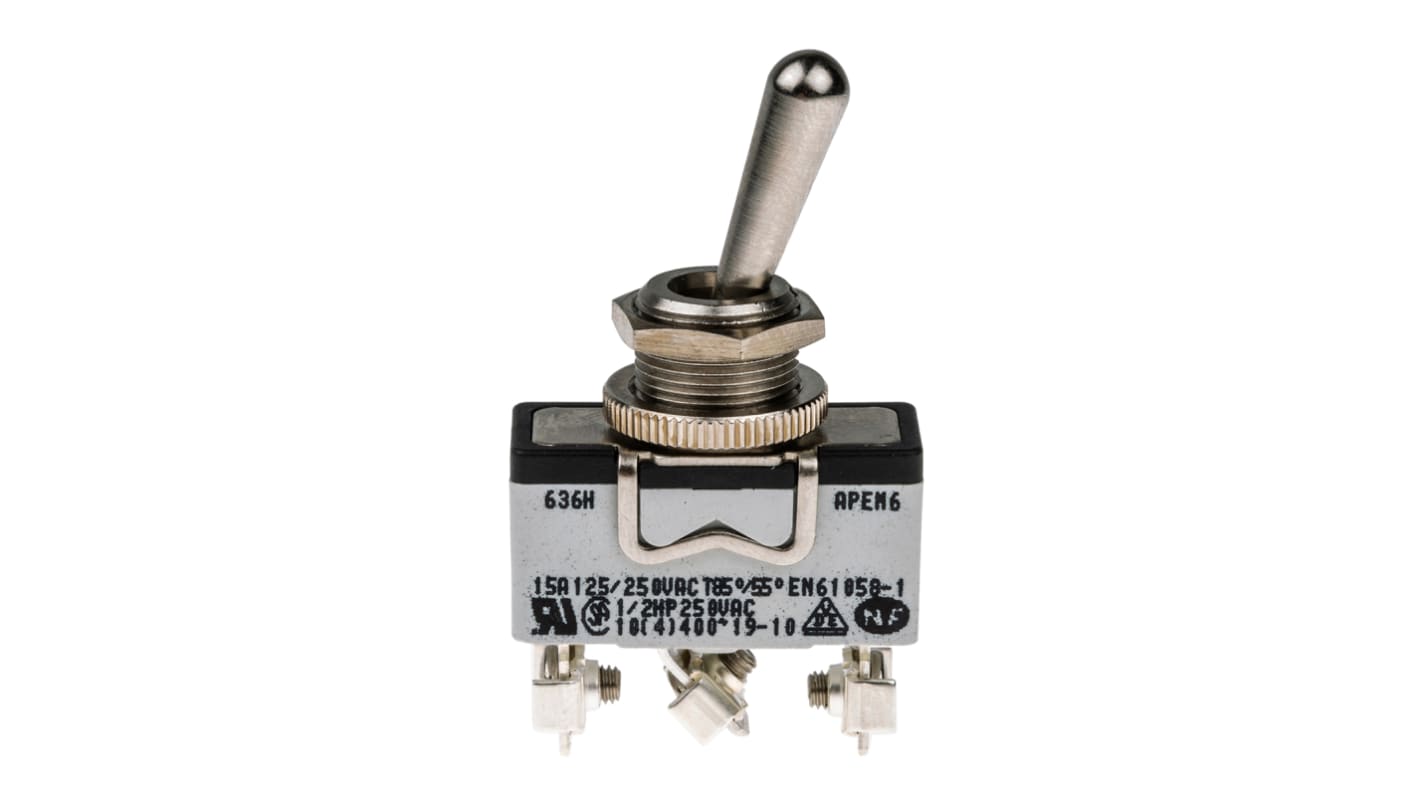 APEM Toggle Switch, Panel Mount, On-On, SPDT, Screw Terminal, 400V ac
