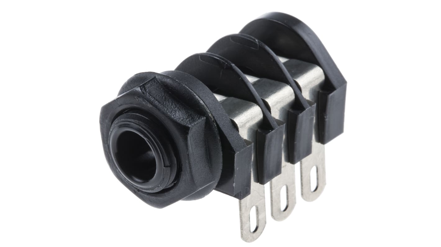 Emelő csatlakozó Nő, Derékszögű, Panelre szerelhető, Fekete, 6,35 mm, 5A, 2 kV DC