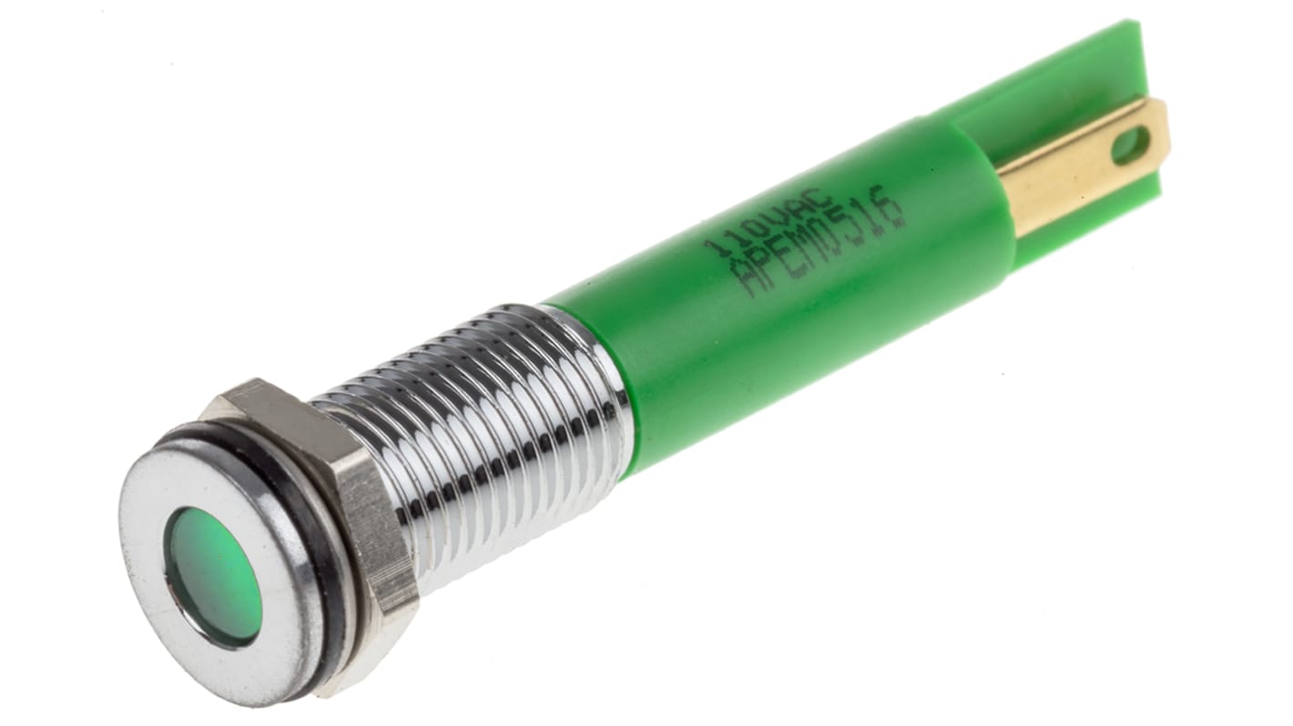 Indicatore da pannello RS PRO Verde  a LED, 110V ca, IP67, A filo, foro da 8mm