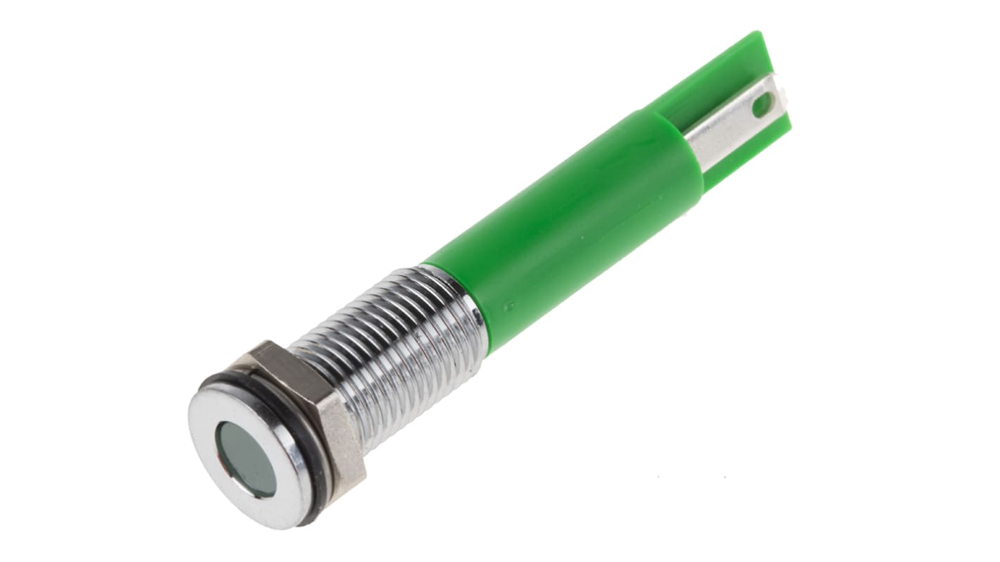 RS PRO Green Panel Mount Indicator, 220V ac, 8mm Mounting Hole Size, Faston, Solder Lug Termination, IP67