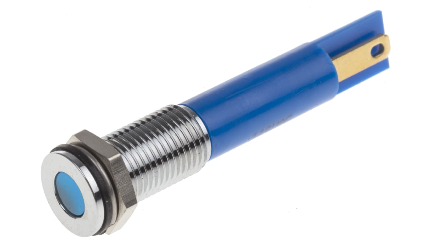 RS PRO Blue Panel Mount Indicator, 110V ac, 8mm Mounting Hole Size, Faston, Solder Lug Termination, IP67