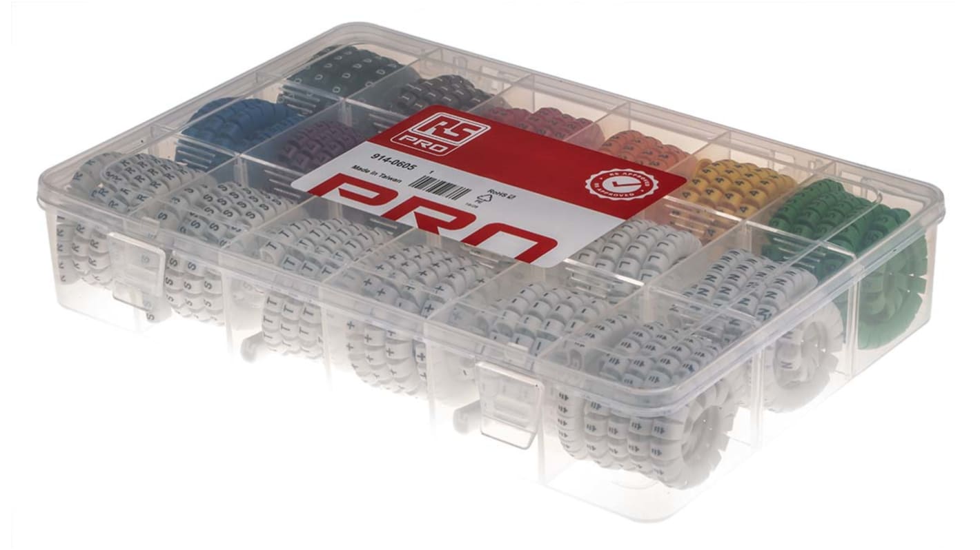 Kit de Marcador de Cable RS PRO de PVC, multicolor, texto: -, +, 0 → 9, Earth, L, N, Plain, R, S, T, Ø máx. 8mm,