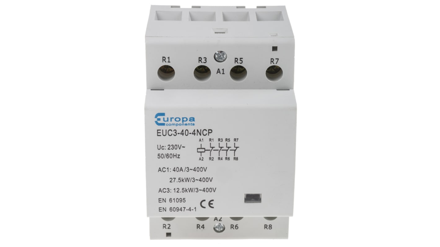Europa Contactor, 230 V ac Coil, 4-Pole, 40 A, 12.5 kW, 4NC, 400 V ac