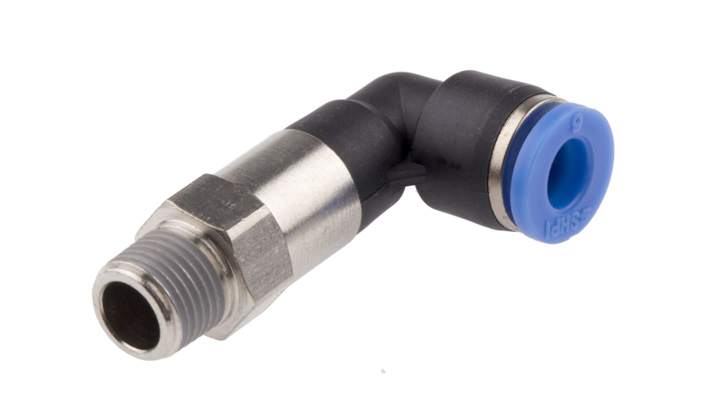 RS PRO Elbow Threaded Adaptor, R 1/8 Male to Push In 6 mm, Threaded-to-Tube Connection Style