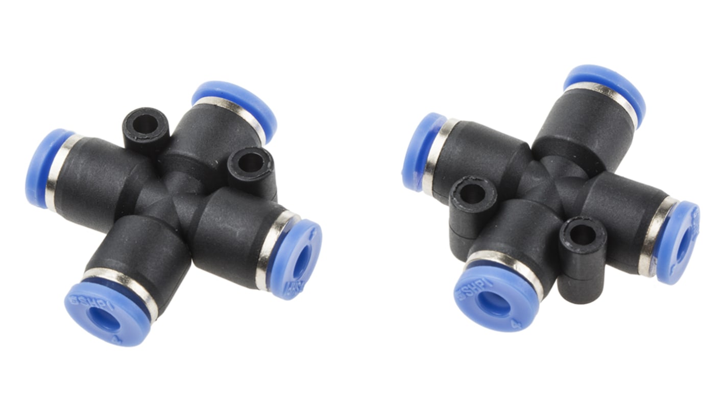 RS PRO Cross Tube-to-Tube Adaptor, Push In 4 mm to Push In 4 mm, Tube-to-Tube Connection Style
