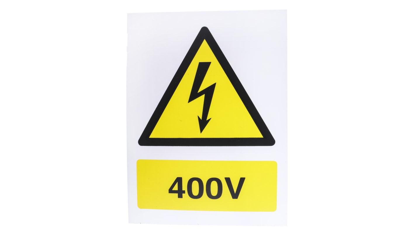 Señal de advertencia con pictograma: Peligro eléctrico, texto en: Inglés "400V", 150mm x 200 mm