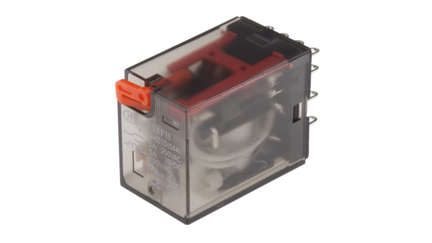Hongfa Europe GMBH 功率继电器, 120V 交流线圈, 5A切换, 4PDT, 4极, 底盘安装, 银合金触点