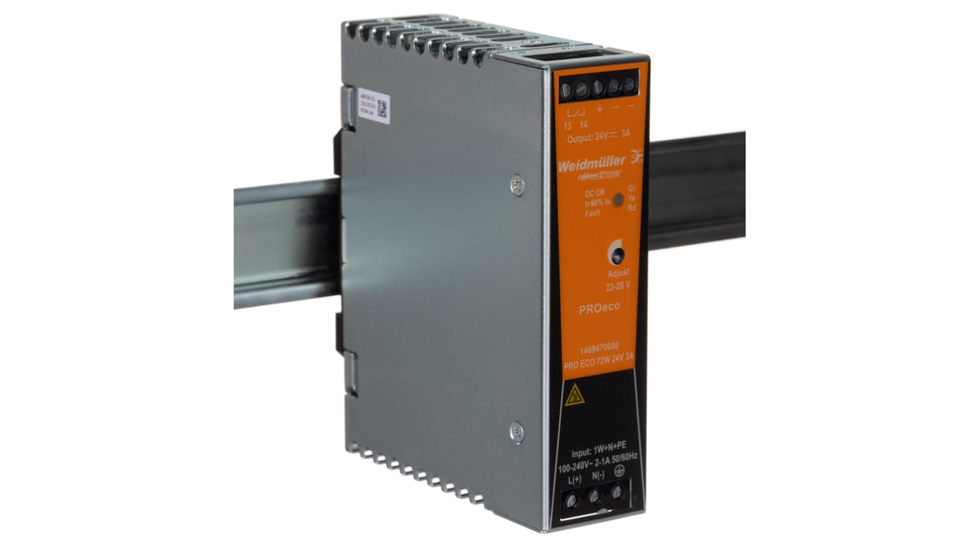 Alimentatore a montaggio su guida DIN Weidmuller, 24V cc, 3A, 85 → 264 V ac / 80 → 370V cc, 72W