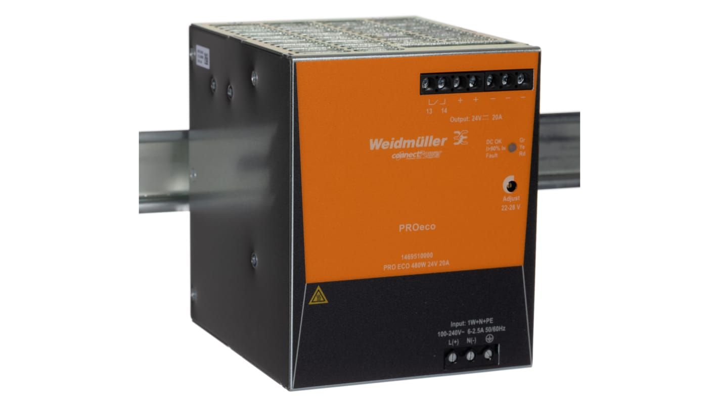 Weidmuller PRO ECO Switched Mode DIN Rail Power Supply, 85 → 264 V ac / 80 → 370V dc ac, dc Input, 24V dc