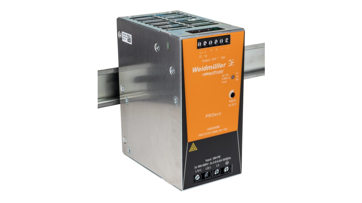 Alimentatore a montaggio su guida DIN Weidmuller, 24V cc, 10A, 320 → 575 V ac / 450 → 800V cc, 240W