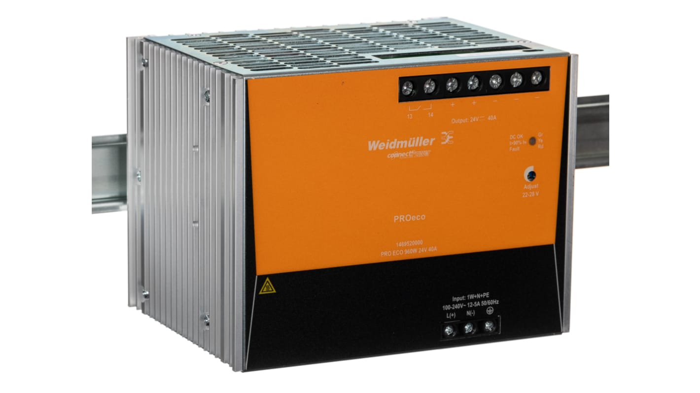 Weidmuller PRO ECO Switched Mode DIN Rail Power Supply, 85 → 264 V ac / 80 → 370V dc ac, dc Input, 24V dc