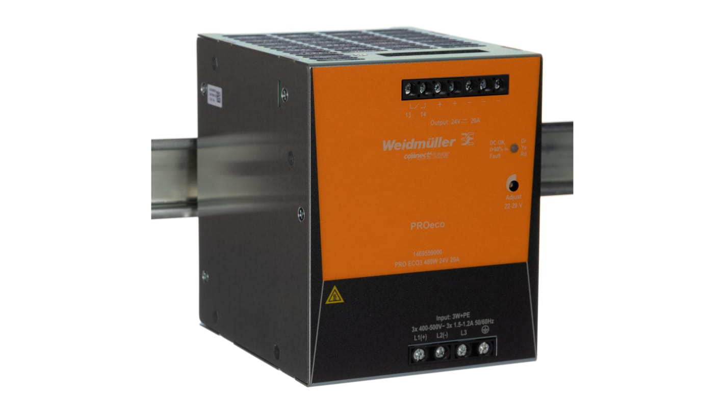 Alimentatore a montaggio su guida DIN Weidmuller, 24V cc, 20A, 320 → 575 V ac / 450 → 800V cc, 480W