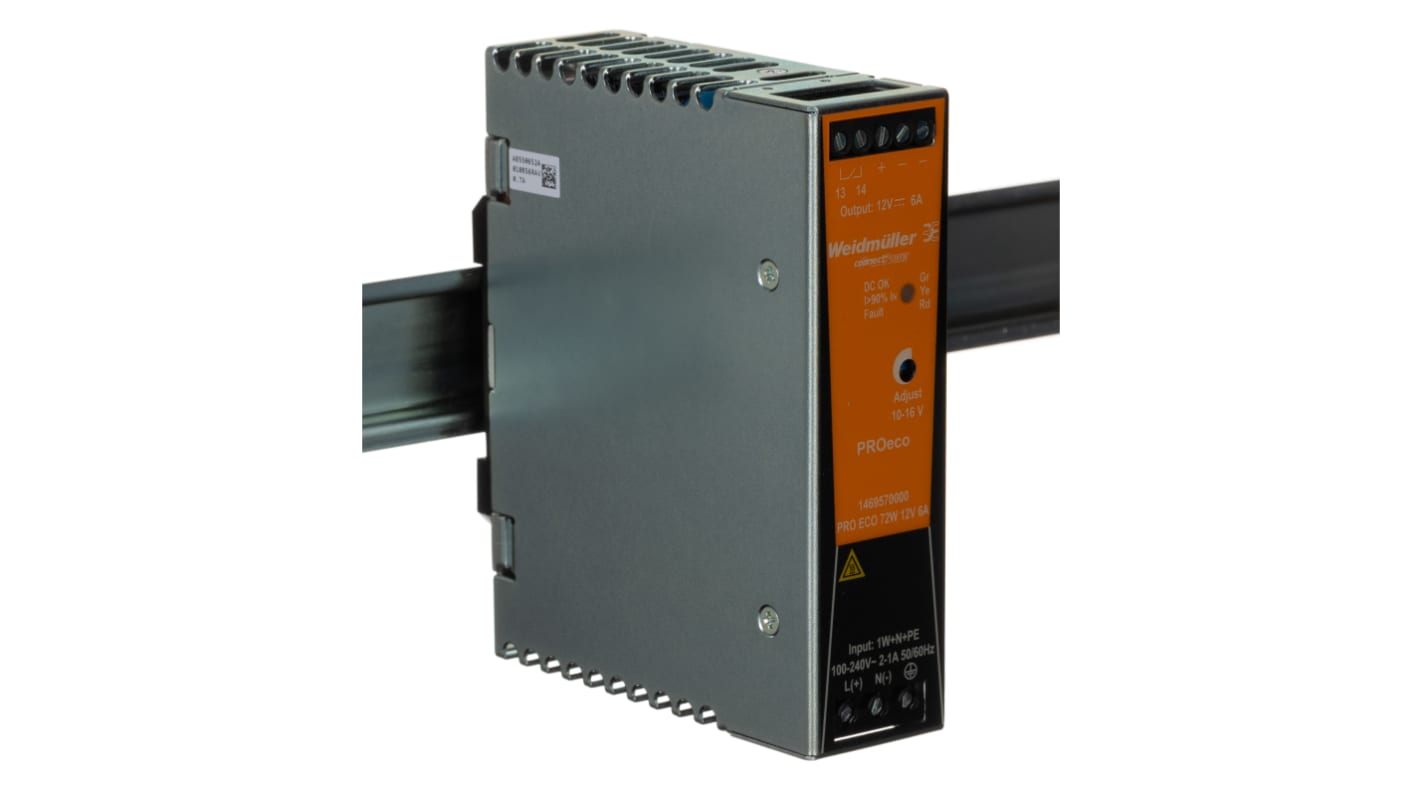 Alimentatore a montaggio su guida DIN Weidmuller, 12V cc, 6A, 85 → 264 V ac / 80 → 370V cc, 72W