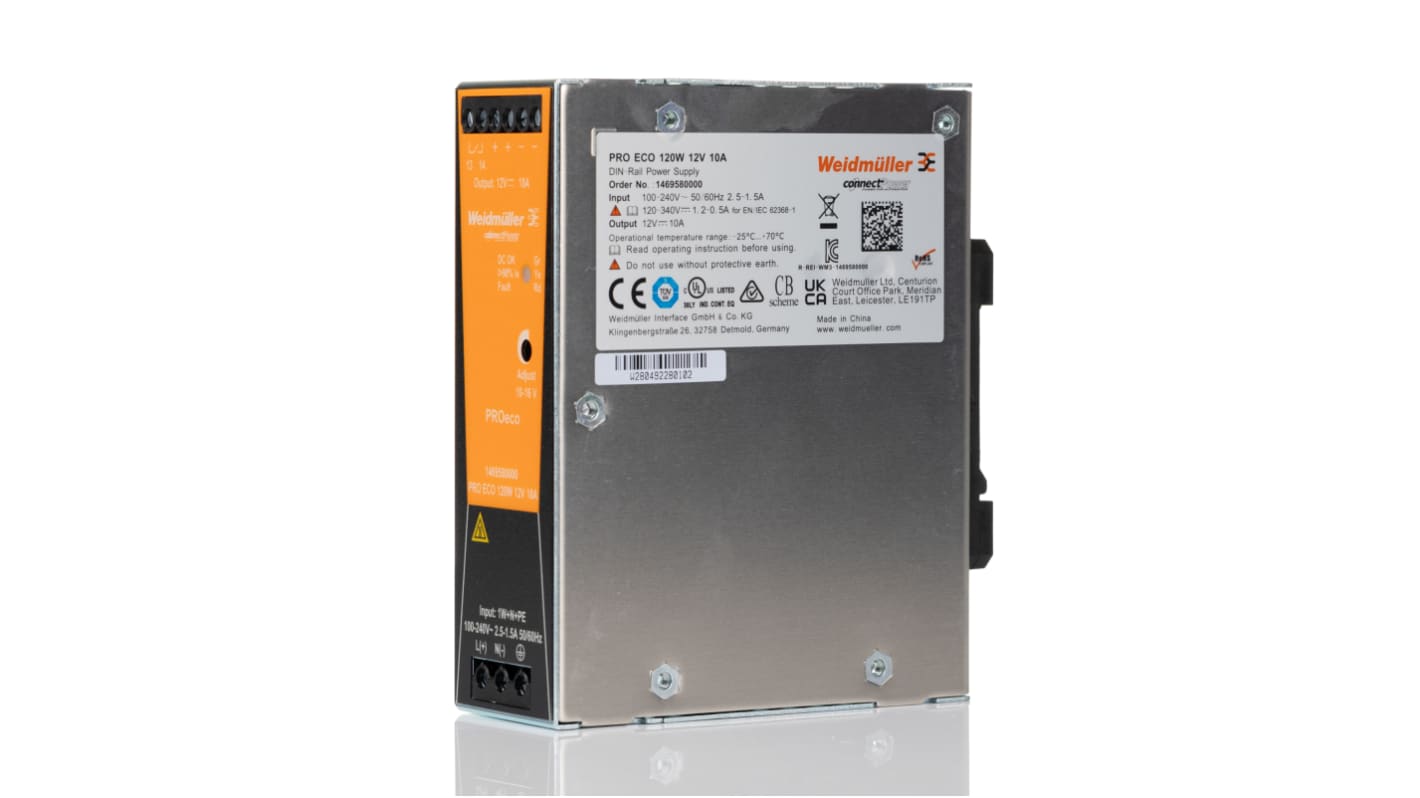 Weidmuller PRO ECO Switched Mode DIN Rail Power Supply, 85 → 264 V ac / 80 → 370V dc ac, dc Input, 12V dc