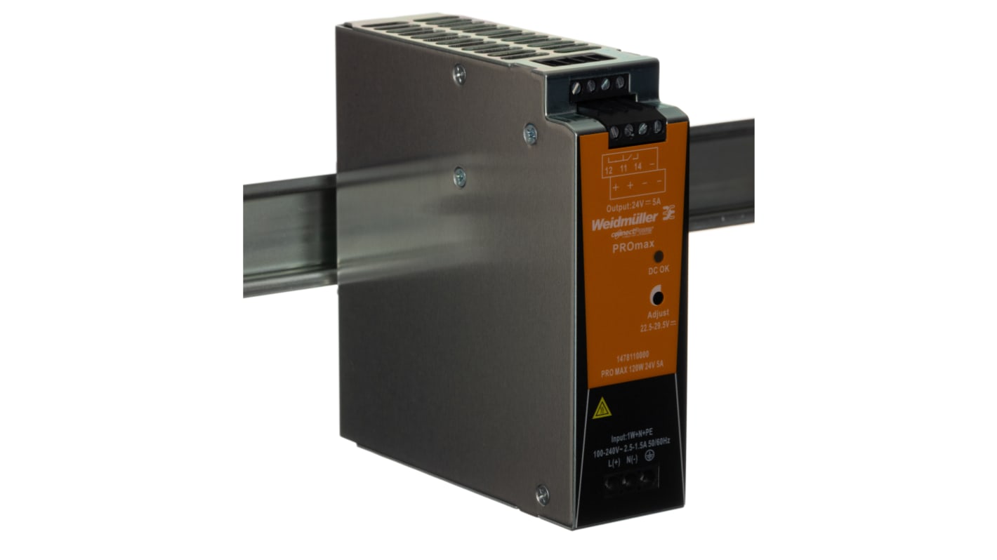 Alimentatore a montaggio su guida DIN Weidmuller, 24V cc, 5A, 85 → 277 V ac / 80 → 370V cc, 120W