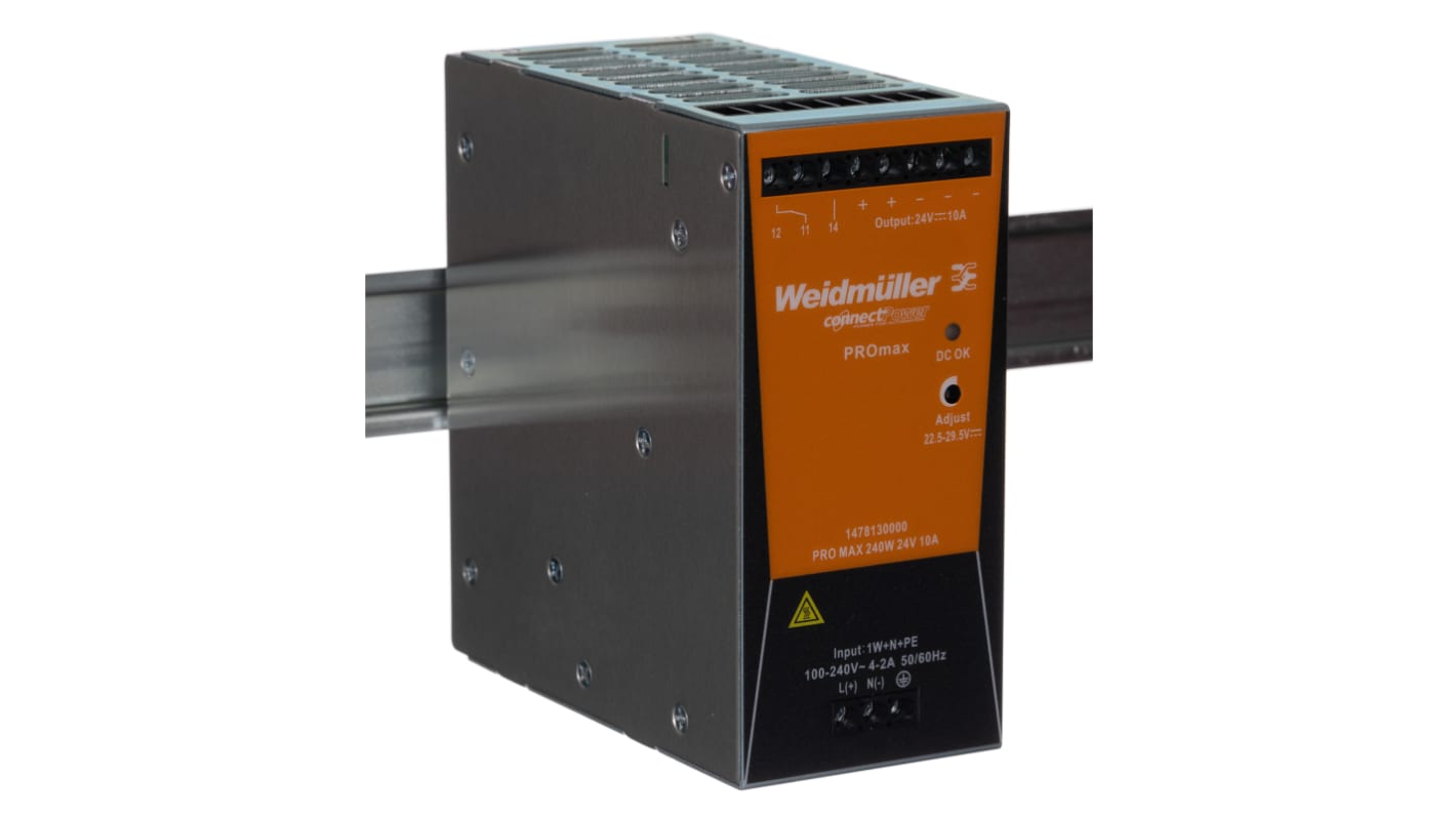 Alimentatore a montaggio su guida DIN Weidmuller, 24V cc, 10A, 85 → 277 V ac / 80 → 370V cc, 240W