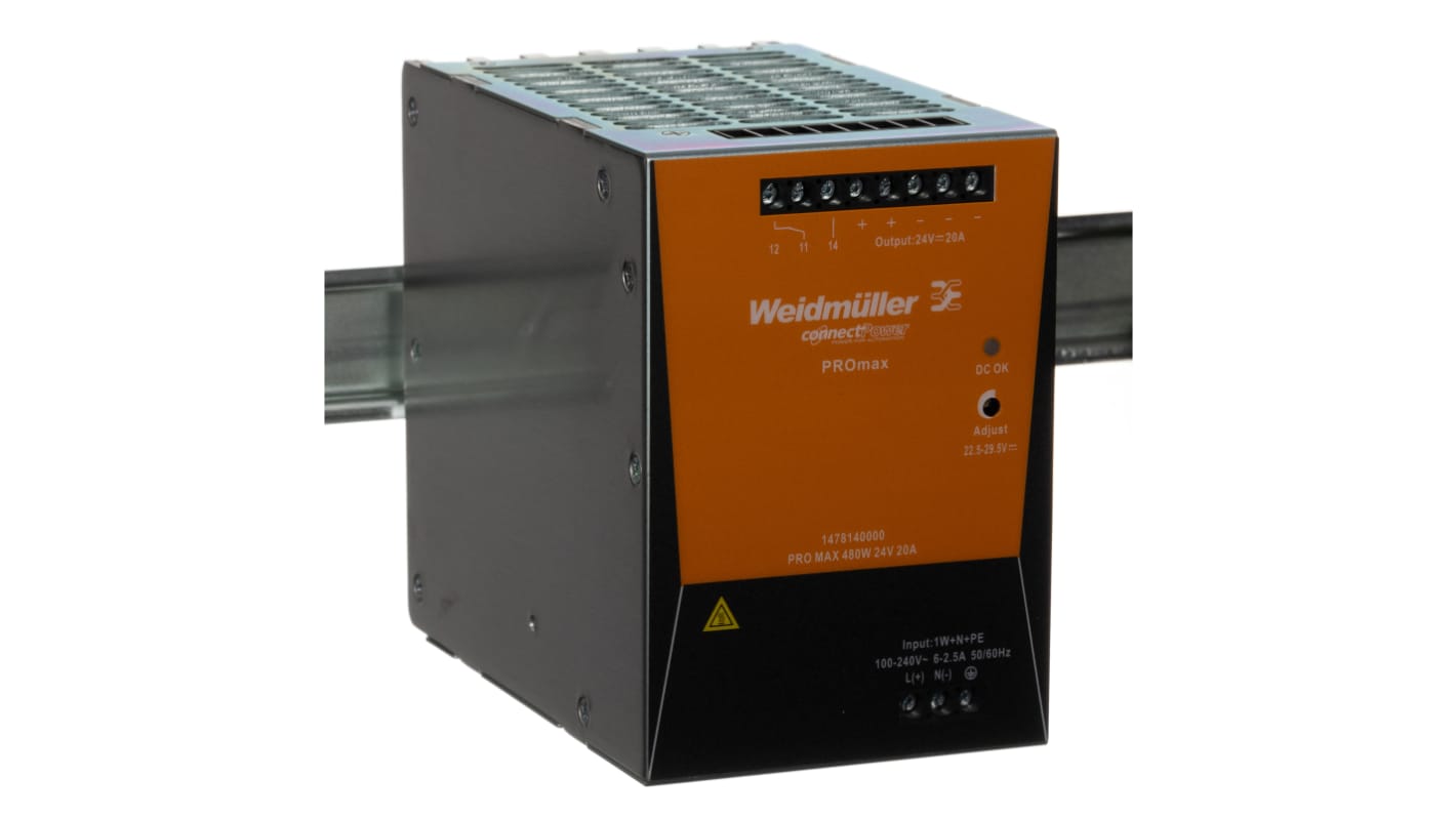 Weidmuller PRO MAX Switched Mode DIN Rail Power Supply, 85 → 277 V ac / 80 → 370V dc ac, dc Input, 24V dc