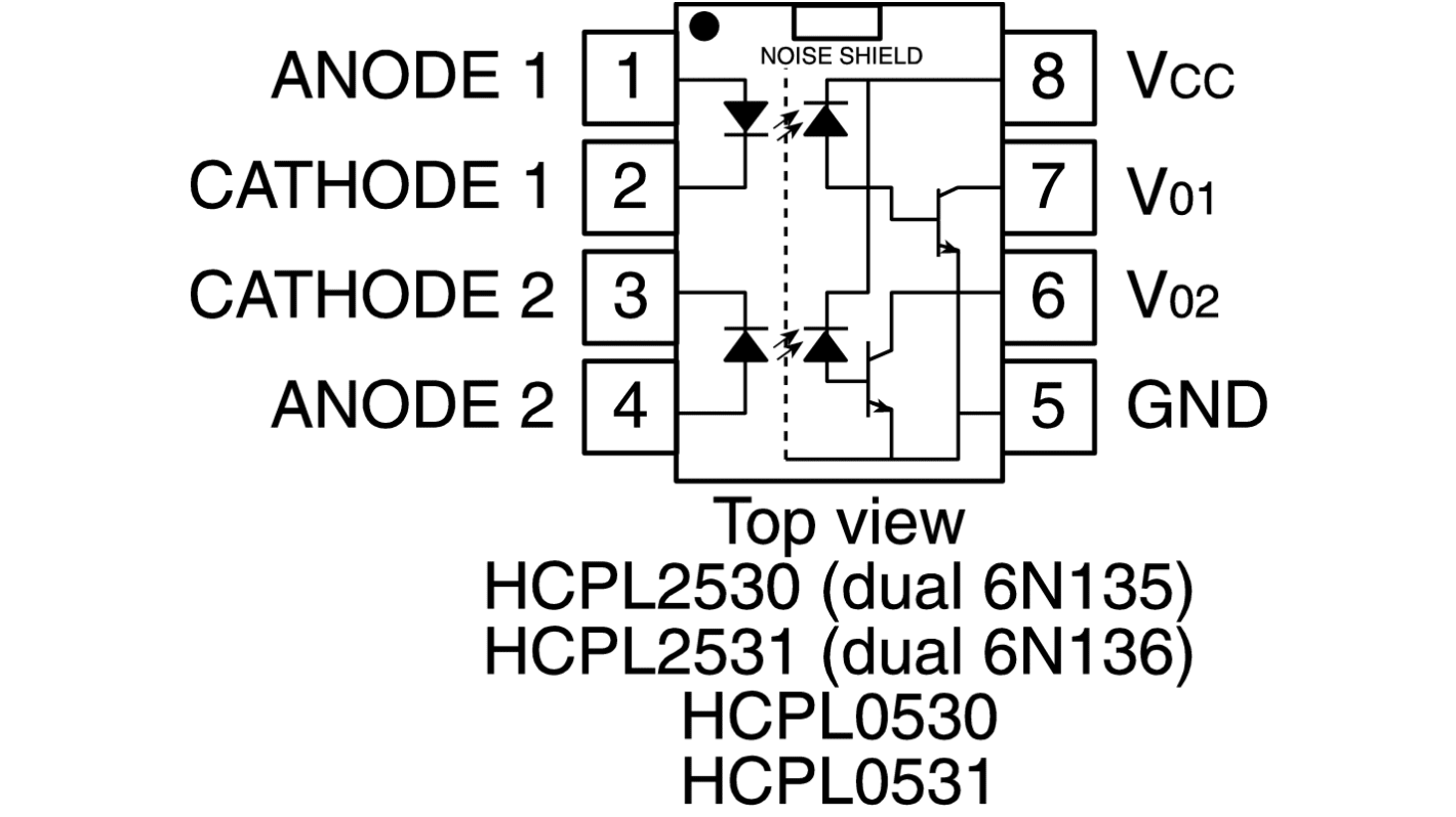 Avago, HCPL-2530 DC Input Transistor Output Dual Optocoupler, Through Hole, 8-Pin PDIP