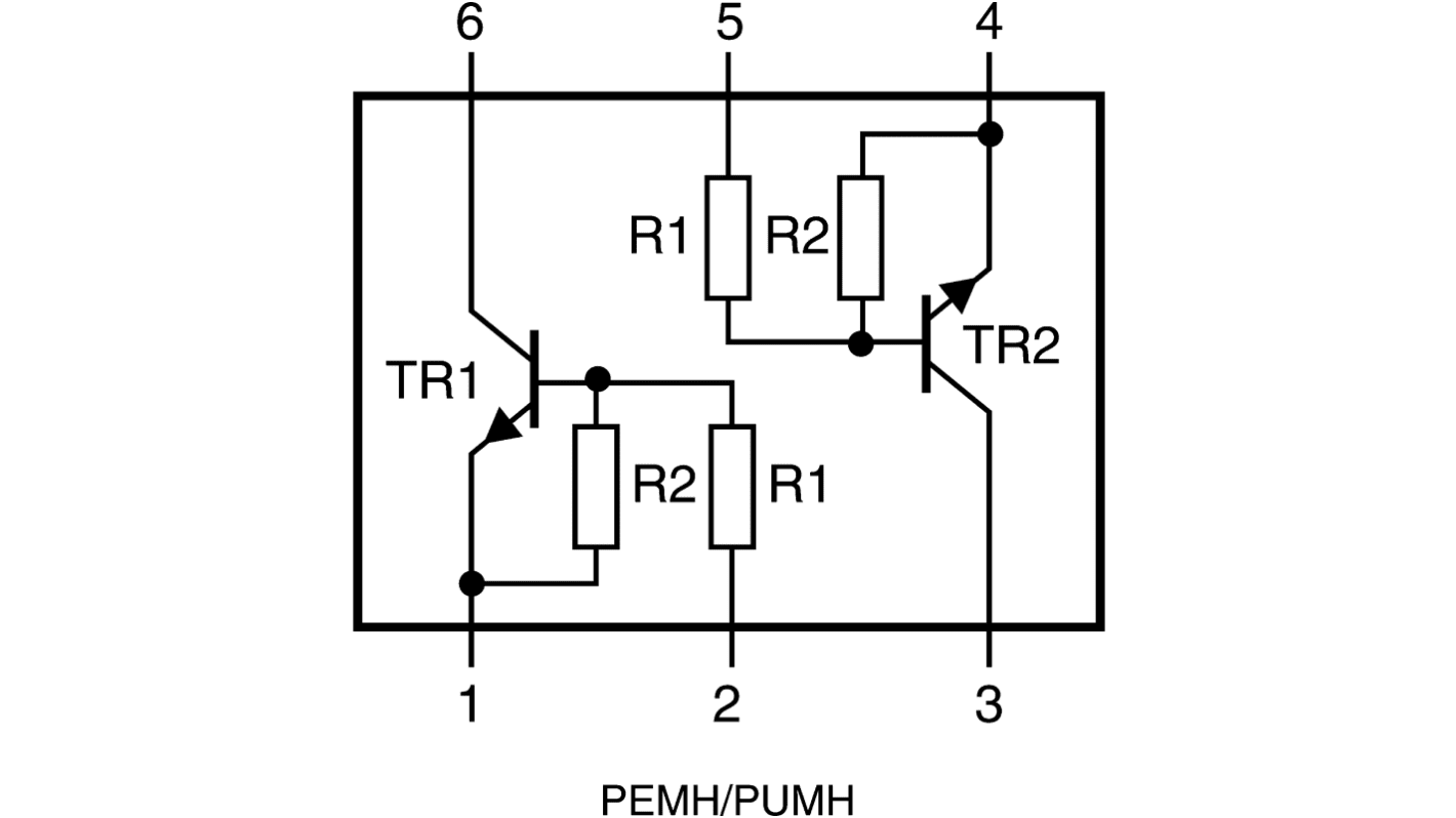 Transistor digital, PUMH4,115, NPN 100 mA 50 V Dual UMT, 6 pines, Aislado