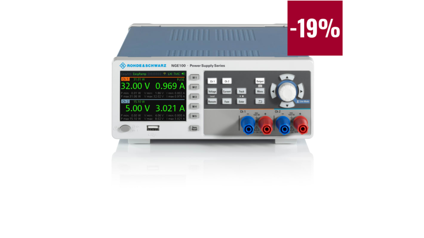 Rohde & Schwarz NGE100B Series Bench Power Supply Bundle, 0 → 32V, 3A, 3-Output, 33.6W