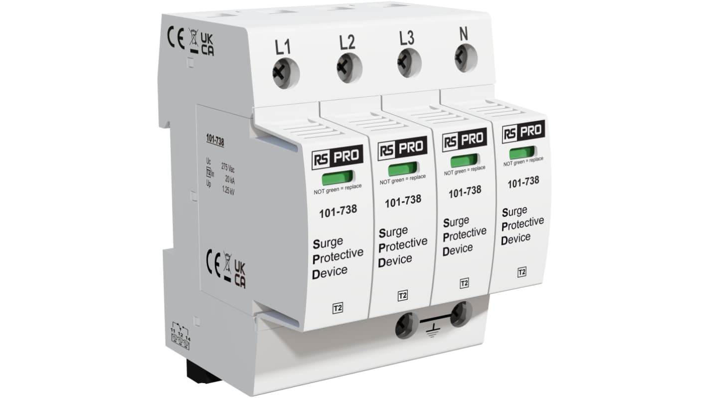 RS PRO 三相浪涌保护器, 电压保护1.25kV, 最大50kA, DIN导轨安装