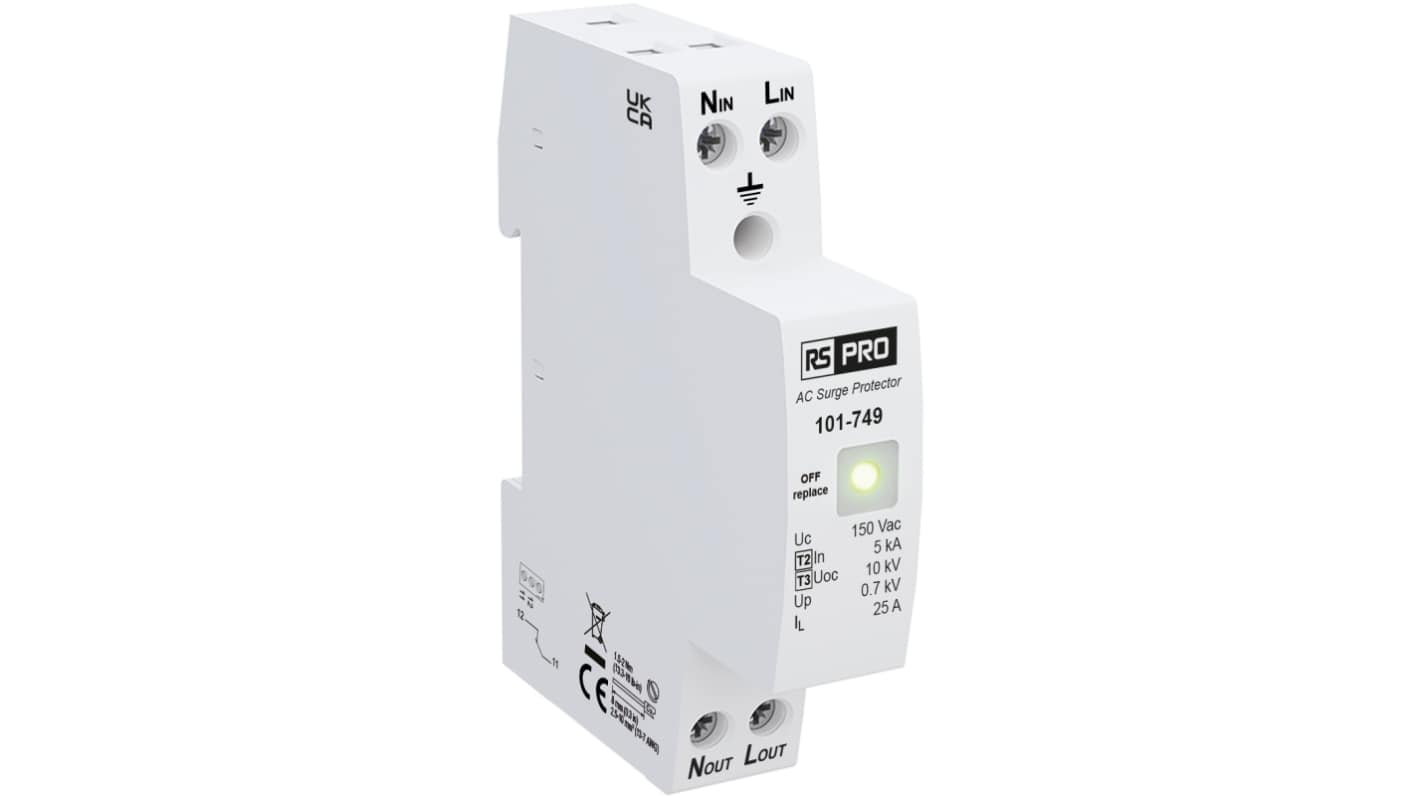 RS PRO Single Phase Industrial Surge Protector, 10kA, 1.3kV, DIN Rail Mount