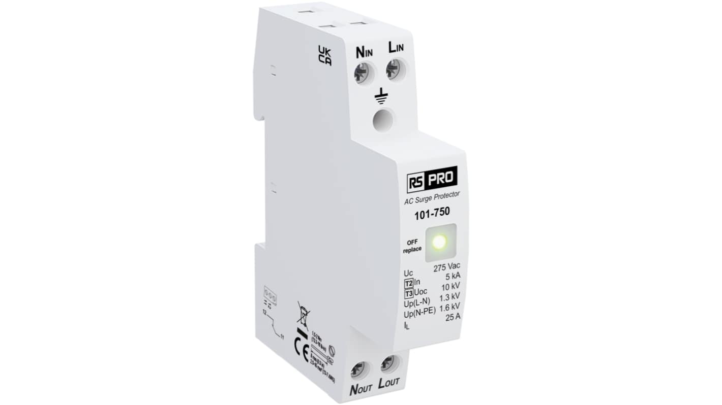 RS PRO 单相浪涌保护器, 电压保护1.3kV, 最大10kA, DIN导轨安装