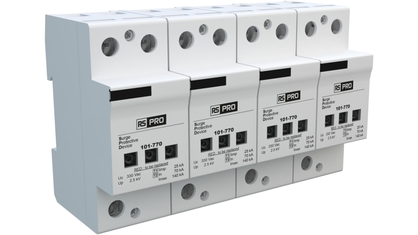 RS PRO 3 Phase Industrial Surge Protector, 140kA, 2.5kV, DIN Rail Mount