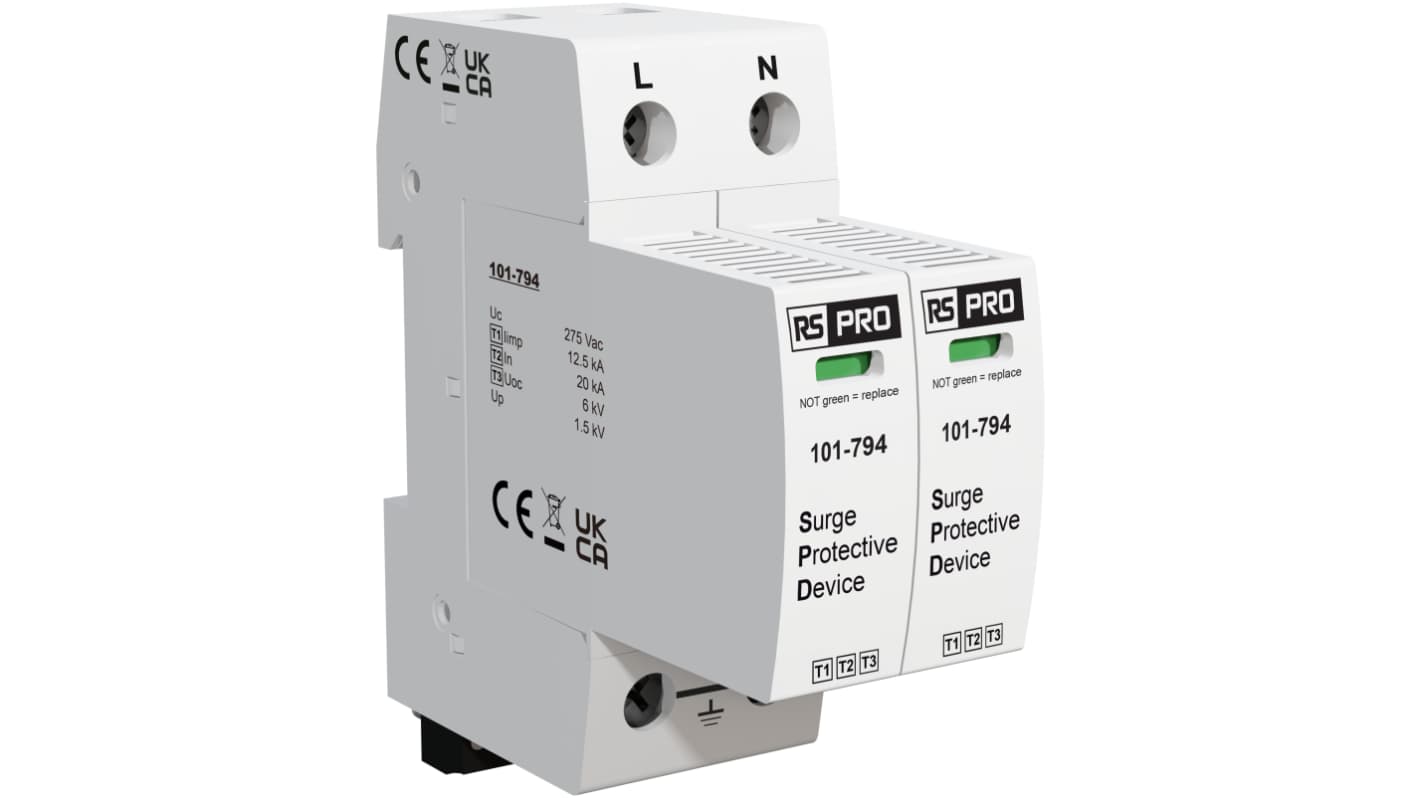 RS PRO Single Phase Industrial Surge Protector, 50kA, 1.35kV, DIN Rail Mount