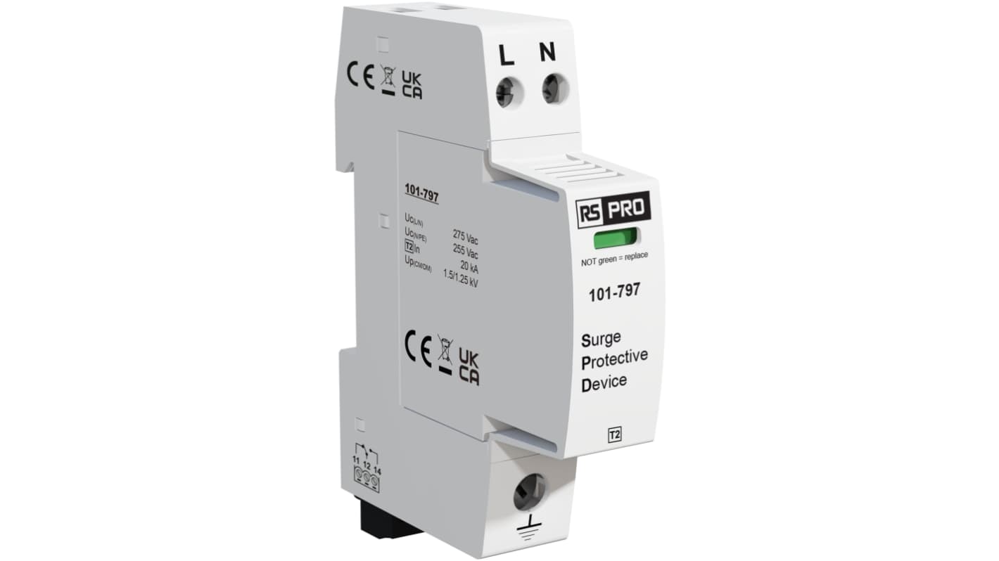 RS PRO Single Phase Industrial Surge Protector, 40kA, 1.25kV, DIN Rail Mount