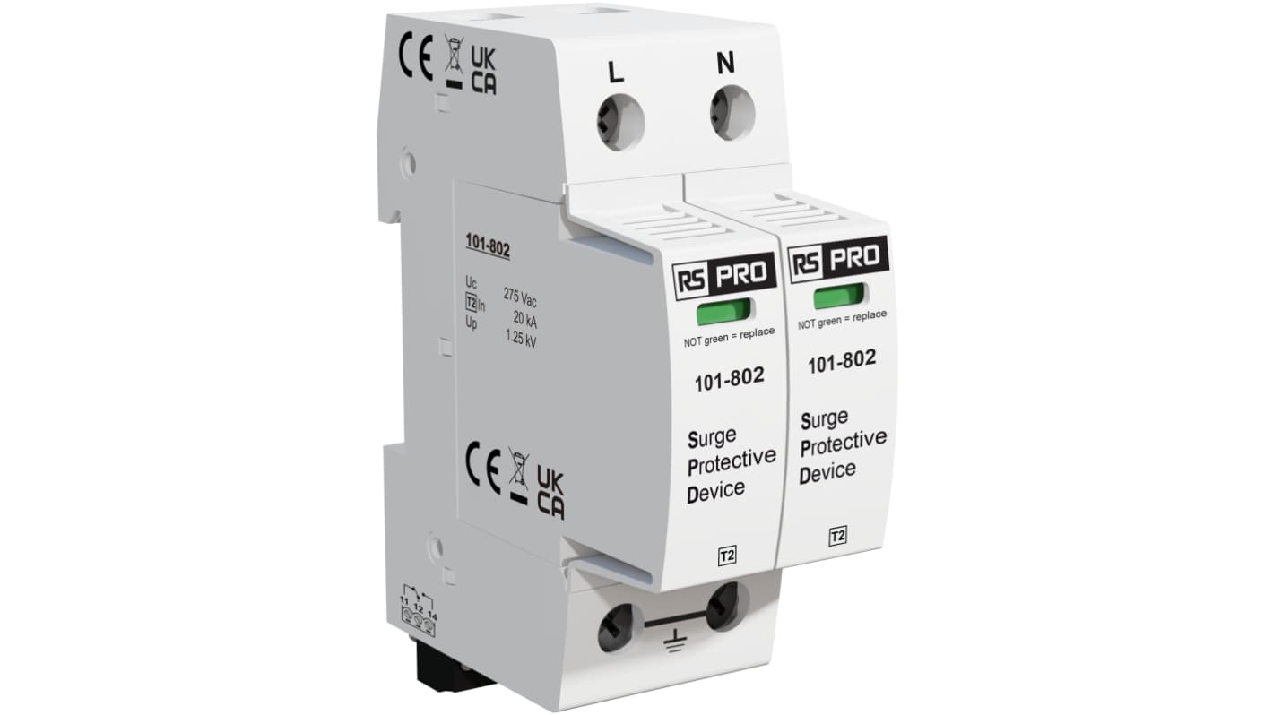 RS PRO 单相浪涌保护器, 电压保护1.25kV, 最大50kA, DIN导轨安装