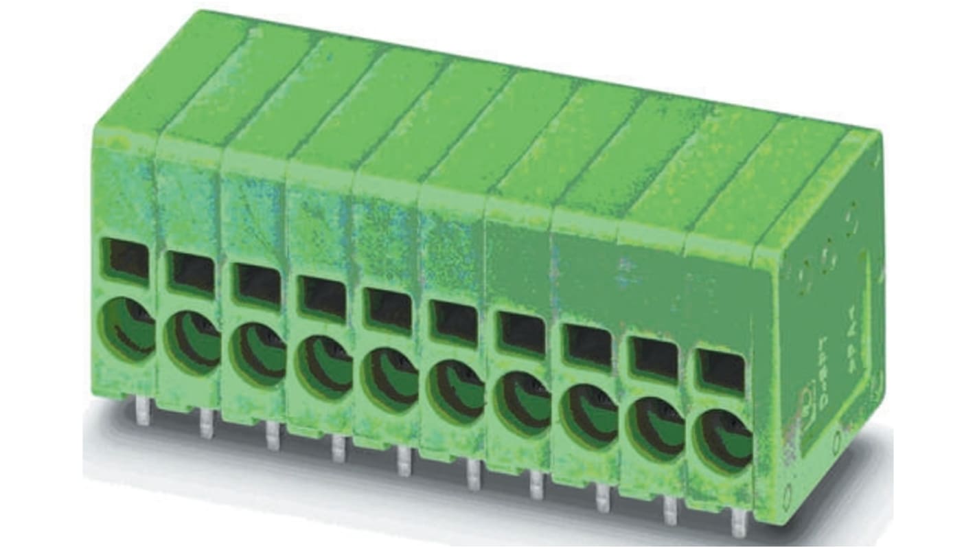 Phoenix Contact SPT 1.5/ 3-H-3.5 Series PCB Terminal Block, 3-Contact, 3.5mm Pitch, Through Hole Mount, 1-Row, Spring