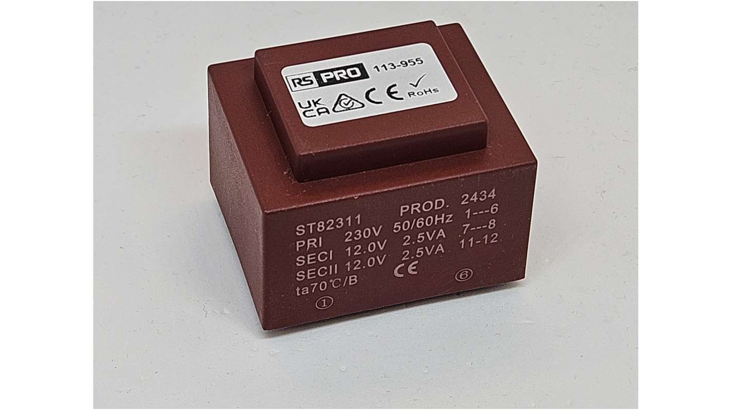 RS PRO 2x12V ac 1 Output PCB Mount PCB Transformer, 5VA, IEC 61558-2-6