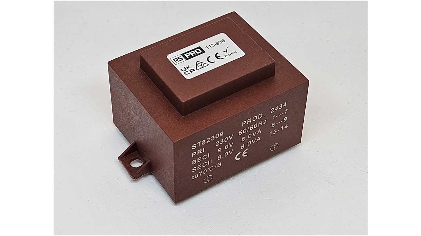 RS PRO 2x9V ac 1 Output PCB Mount PCB Transformer, 16VA, IEC 61558-2-6