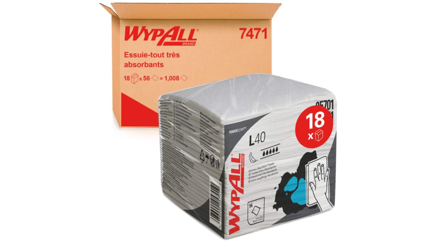 WYPALL WypAll® L40 7471 White Paper Towel for Industrial Cleaning, Dry Use, Box of 56, 304 x 317mm, Single Use
