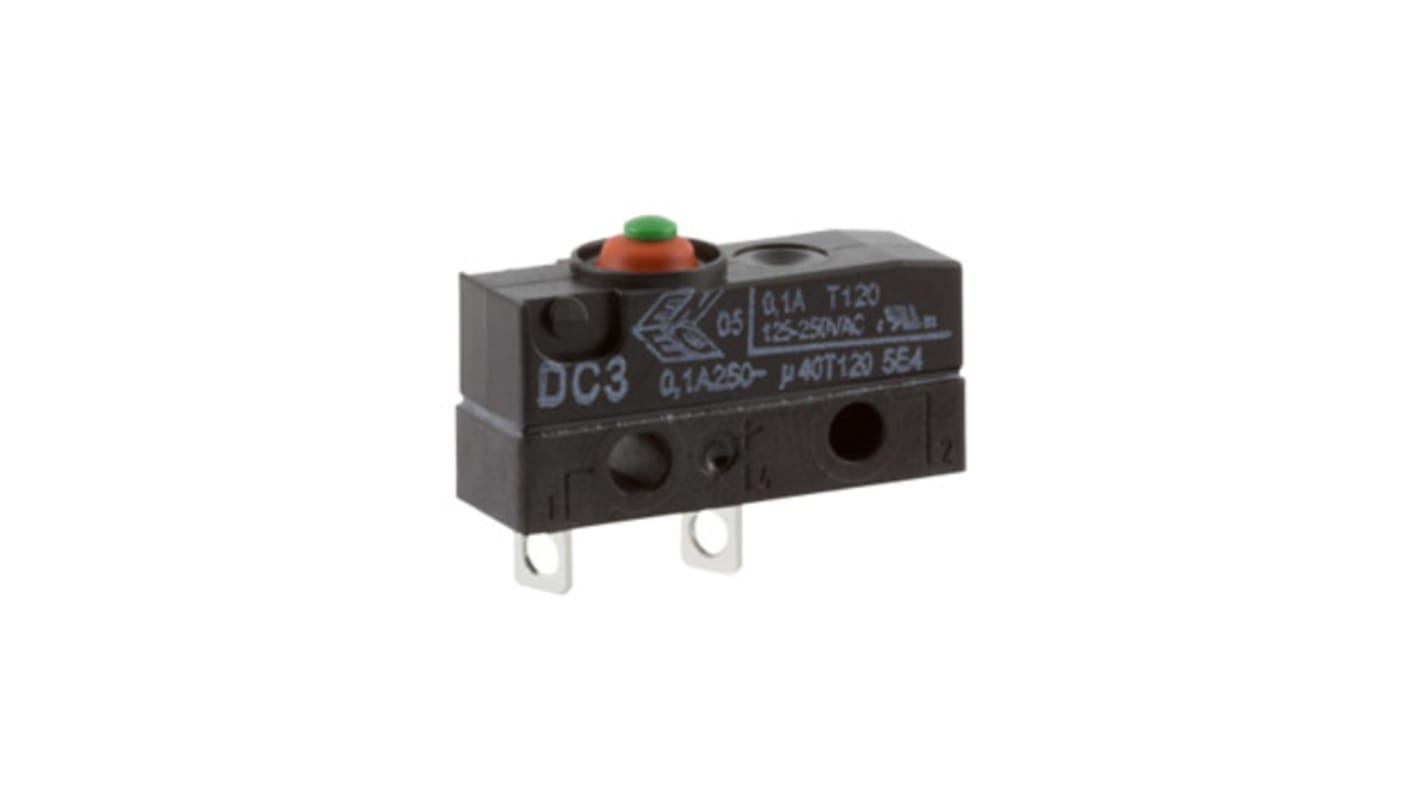 ZF Button Micro Switch, Solder Terminal, 100 mA @ 30 V dc, SPST, IP6K7