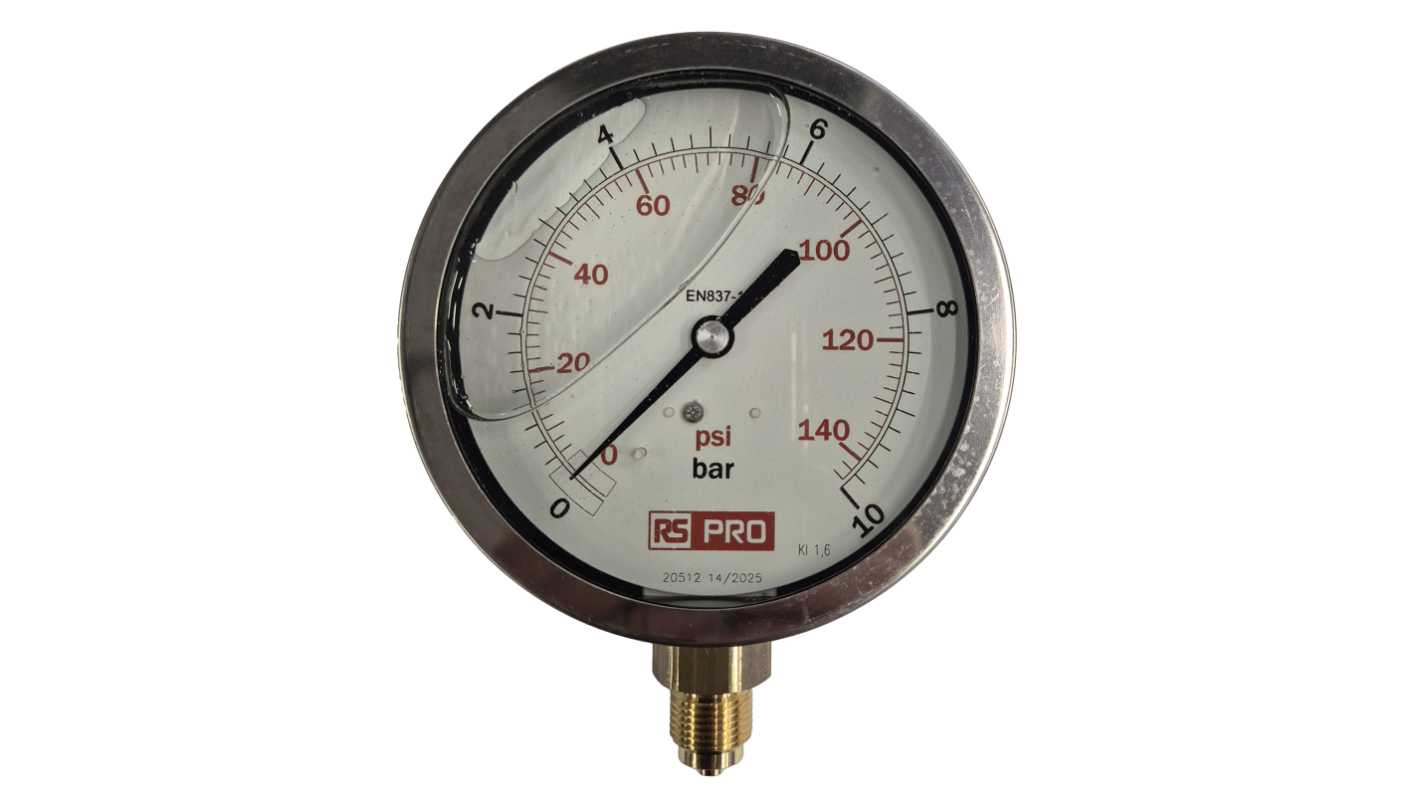 RS PRO BSP 3/8 Analogue Pressure Gauge 10bar Bottom Entry 100mm Outside Diameter