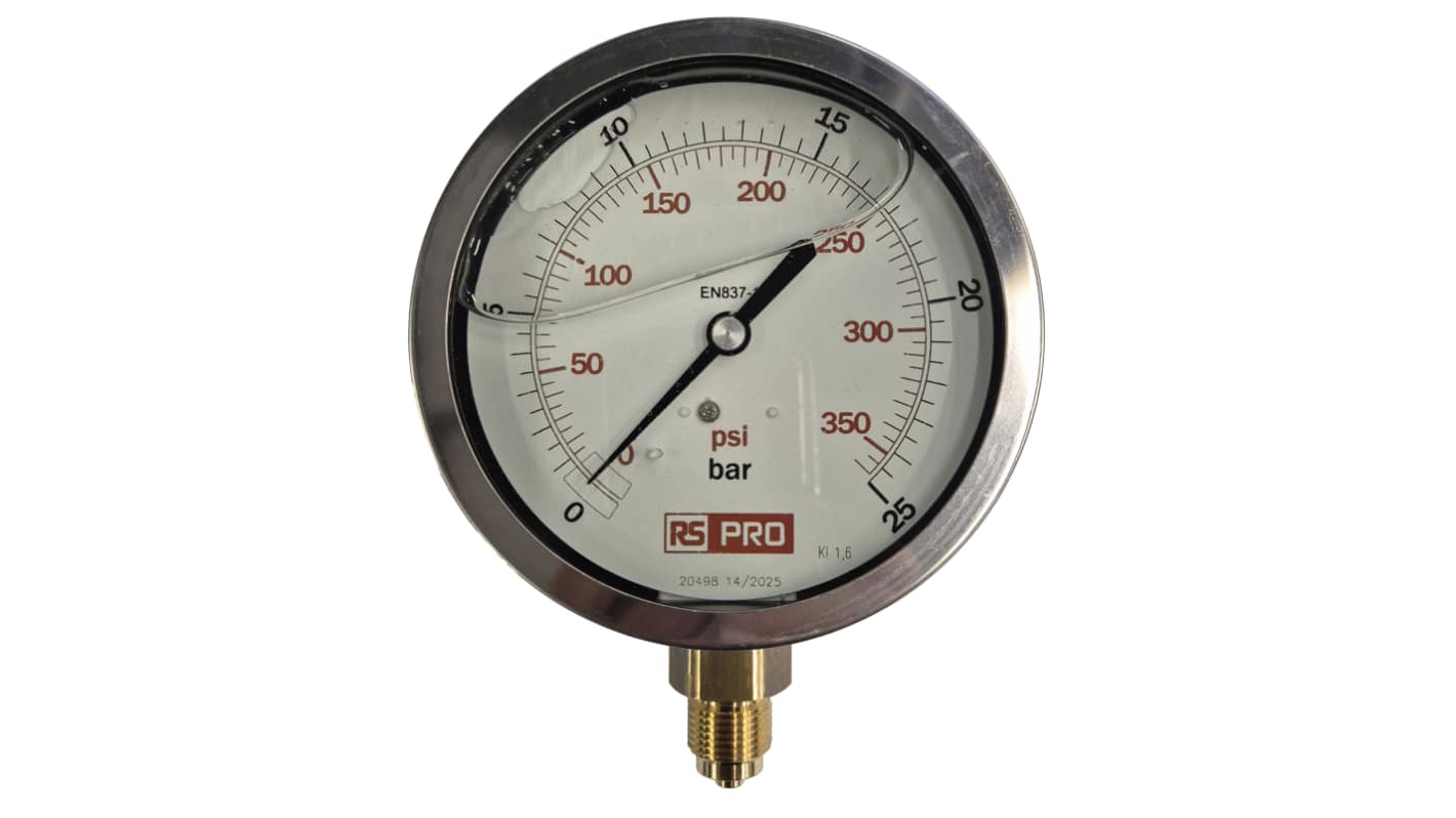 RS PRO BSP 3/8 Analogue Pressure Gauge 25bar Bottom Entry 100mm Outside Diameter