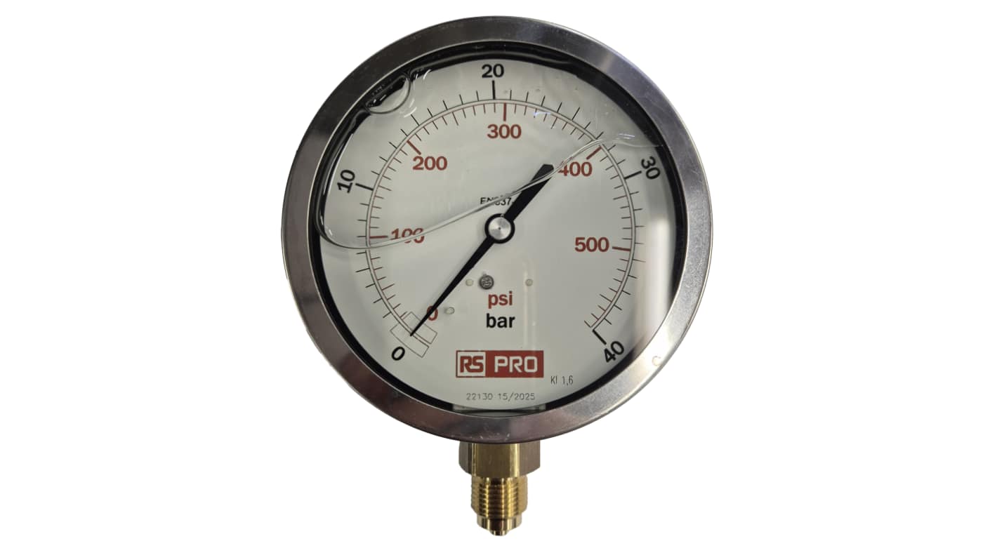 RS PRO BSP 3/8 Analogue Pressure Gauge 40bar Bottom Entry 100mm Outside Diameter