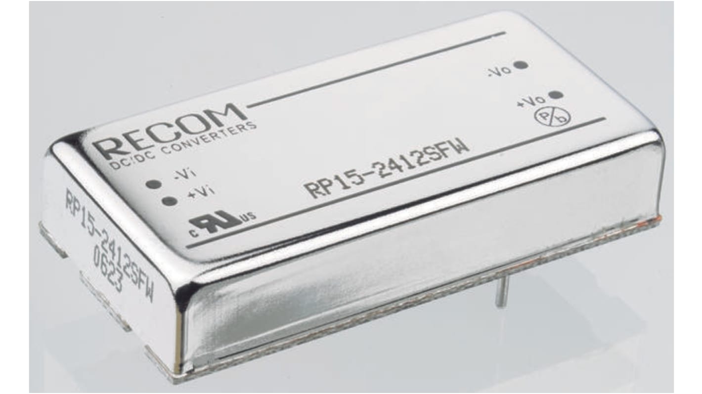 Recom RP15-FW DC-DC Converter, 15V dc/ 1A Output, 9 → 36 V dc Input, 15W, Through Hole, +75°C Max Temp -40°C Min