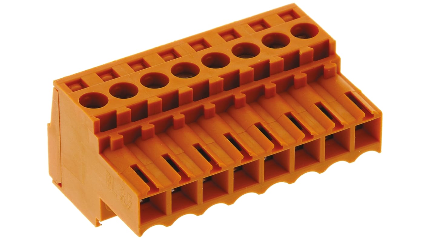 Weidmuller, 3.5mm Pitch, BL, 8 Way, Pluggable Terminal Block, Plug, Cable Mount, Screw Down Termination, 1597420000