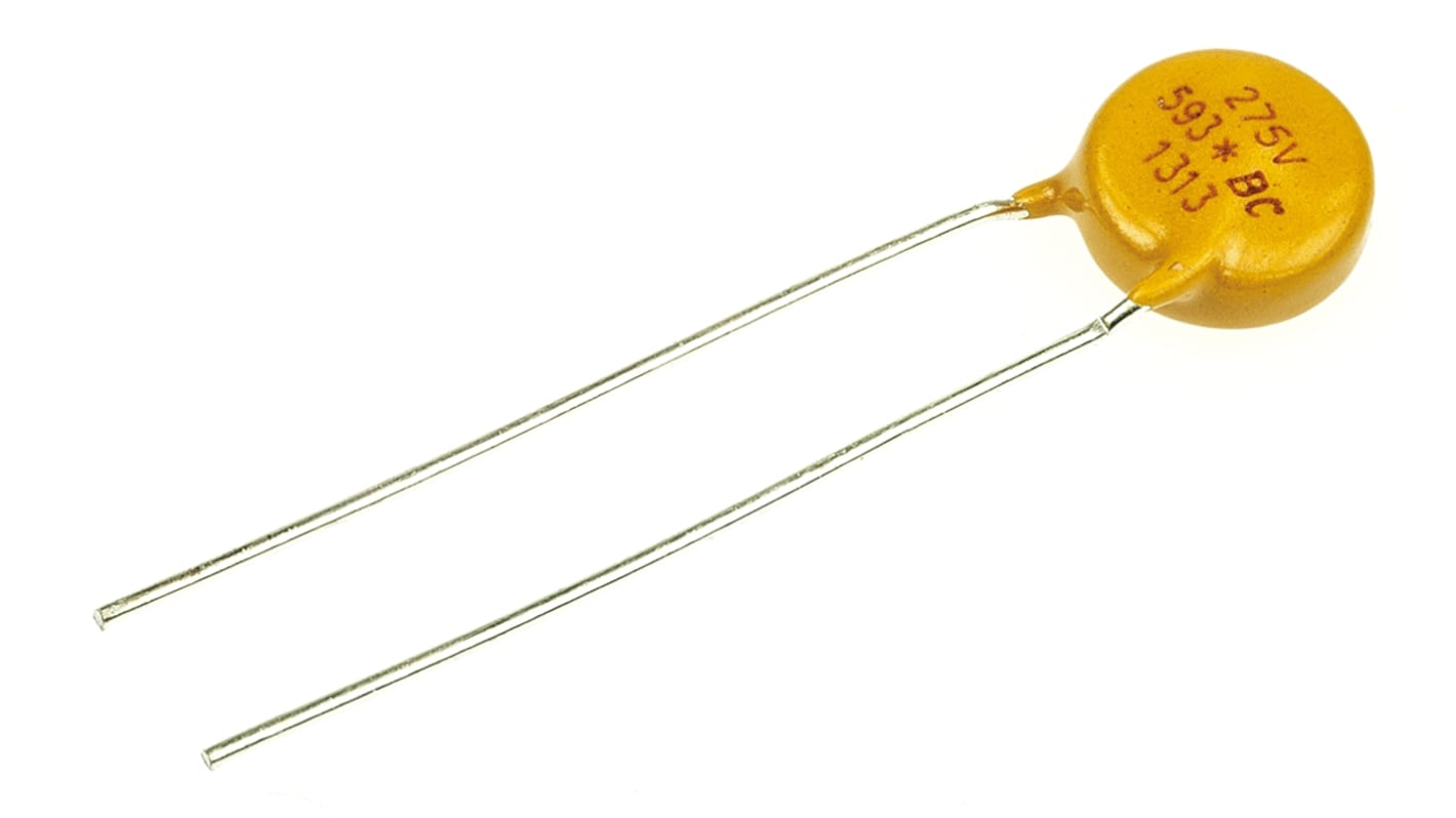 Varistor de óxido metálico Vishay VDRS - E, tensión de ruptura 430V, 10A, 36J, 140pF, dim. 9 (Dia.) x 4.9mm, paso 5mm