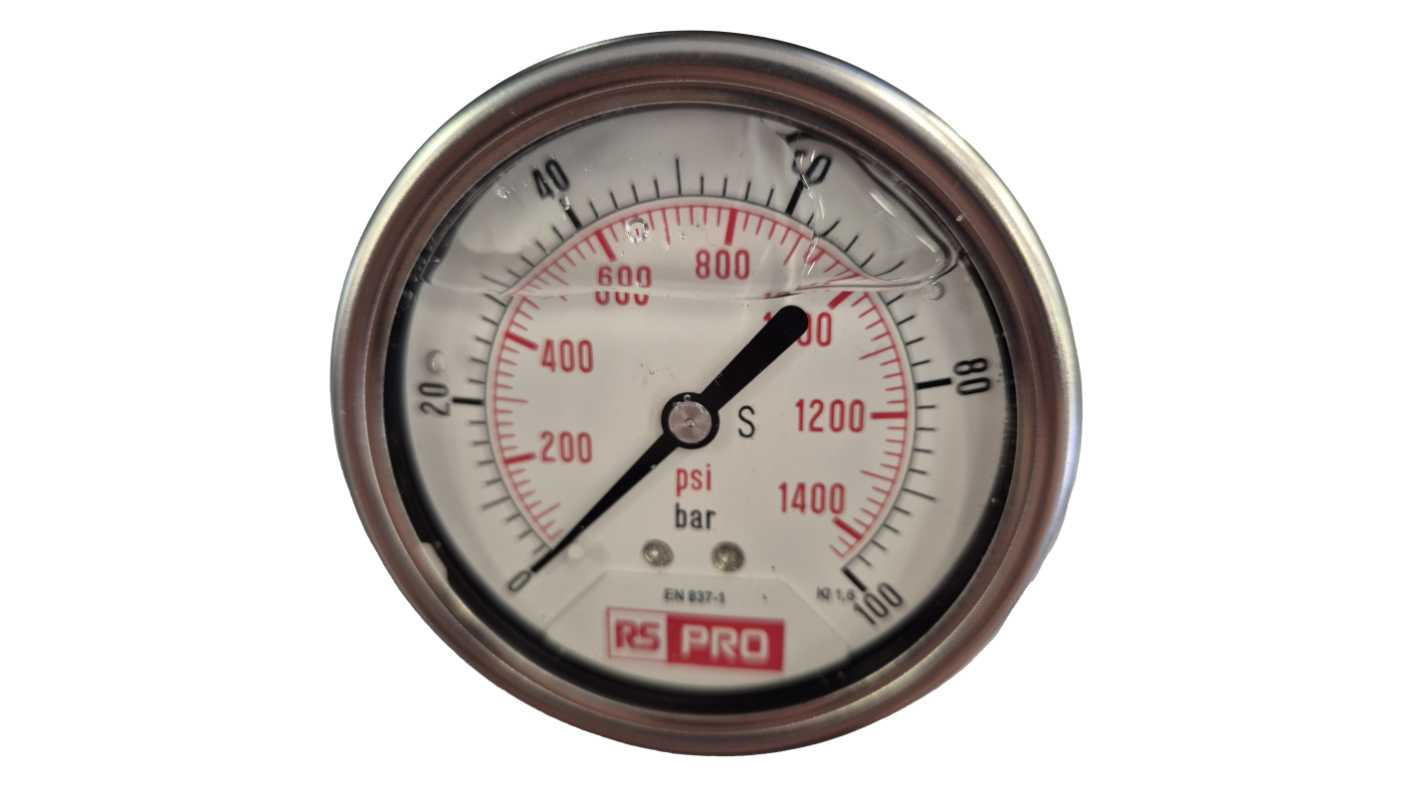 RS PRO BSP 1/4 Analogue Pressure Gauge 100bar Bottom Entry 63mm Outside Diameter