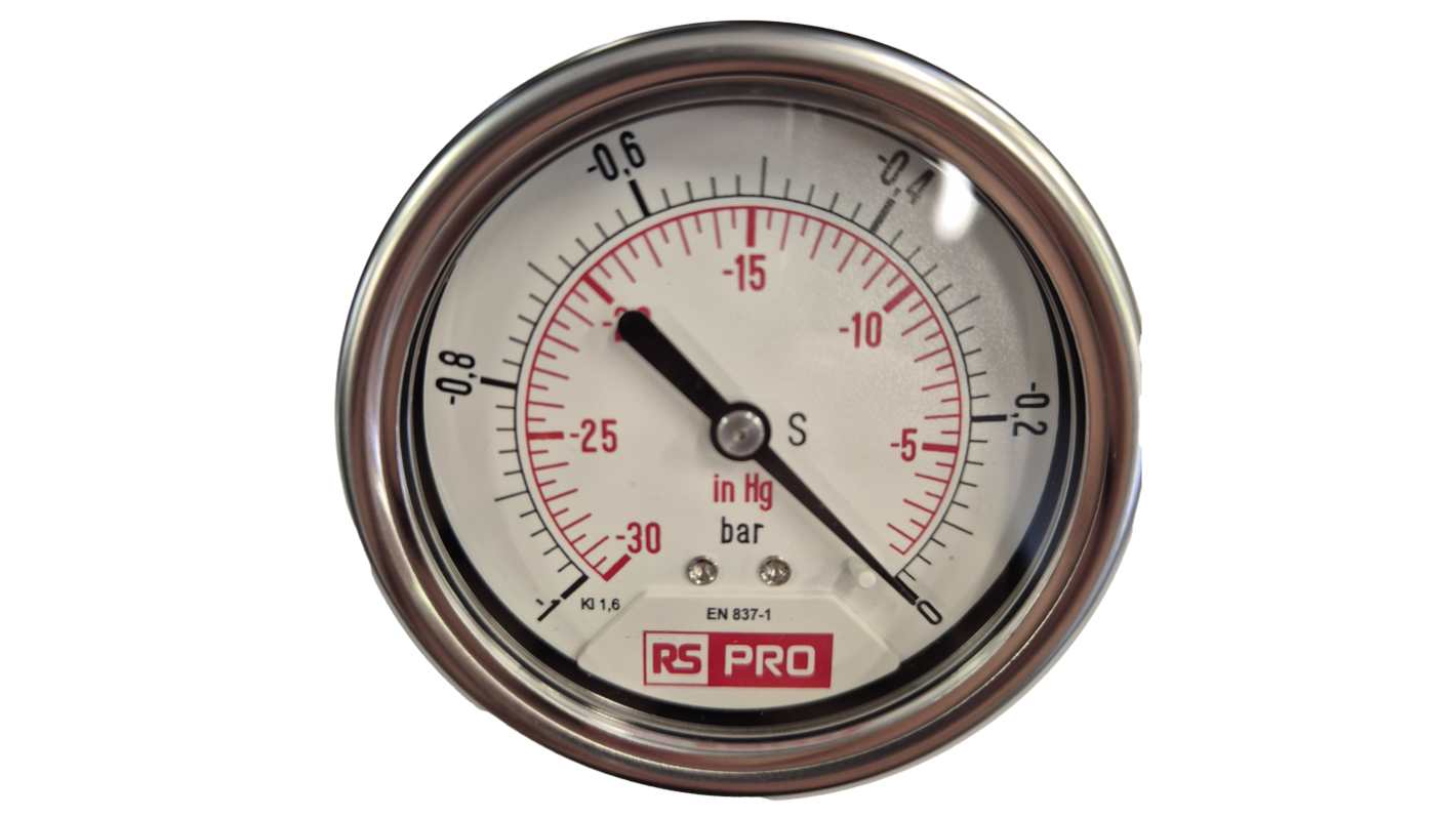 RS PRO BSP 1/4 Analogue Pressure Gauge 0bar Bottom Entry 63mm Outside Diameter
