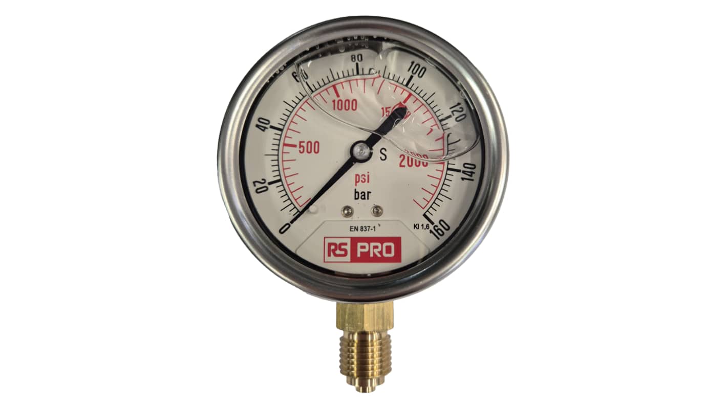 RS PRO BSP 1/4 Analogue Pressure Gauge 160bar Bottom Entry 63mm Outside Diameter