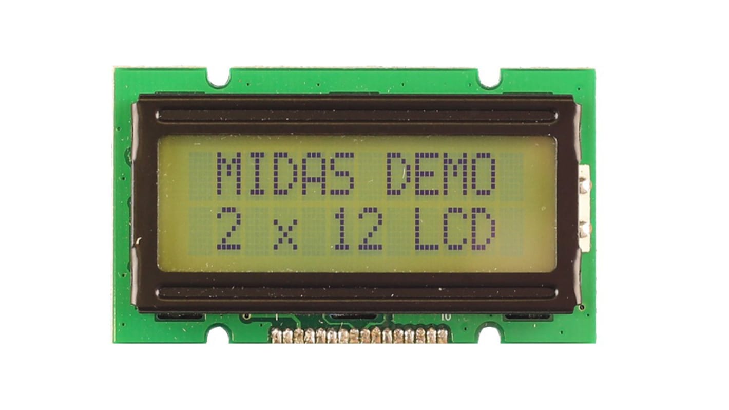 Midas MC21205A6W1-SPTLY Alphanumeric LCD Display, Black on Yellow/Green, 2 Rows by 12 Characters, Transflective