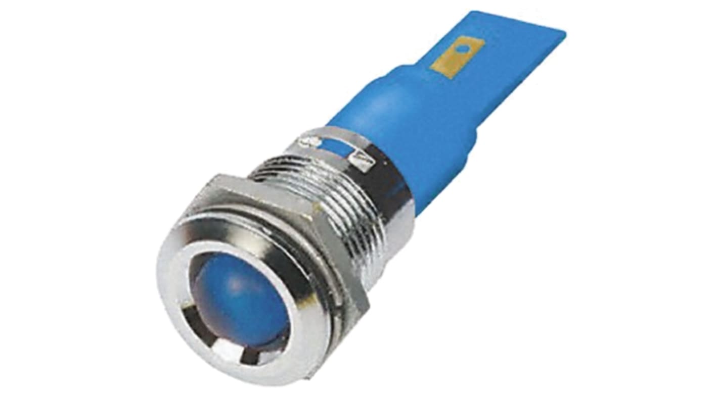 Indicador LED RS PRO, Azul, lente prominente, marco Cromo, Ø montaje 22mm, 110V ac, 6mA, 120mcd, IP67